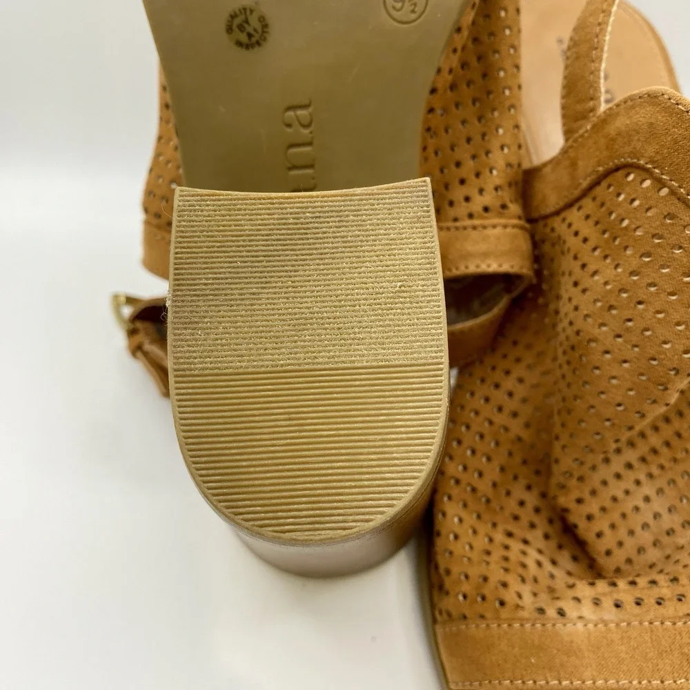 ANA Madelyn Wide Block Heel Sandals Cognac Vegan‎ Suede Womans 9.5 Peep Toe